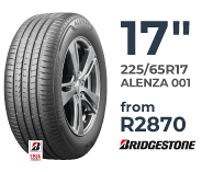 Tyre specials at Supa Quick: Bridgestone 225/65R17 inch Alenza 001. Price from R2870