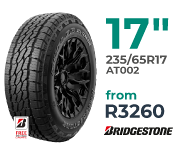 Tyre specials at Supa Quick: Bridgestone. 235/65R17inch Dueler A/T 002. Price from R3260.
