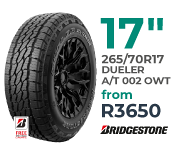 Tyre specials at Supa Quick: Bridgestone. 265/70R17 inch Dueler A/T 002 OWT. Price from R3650.